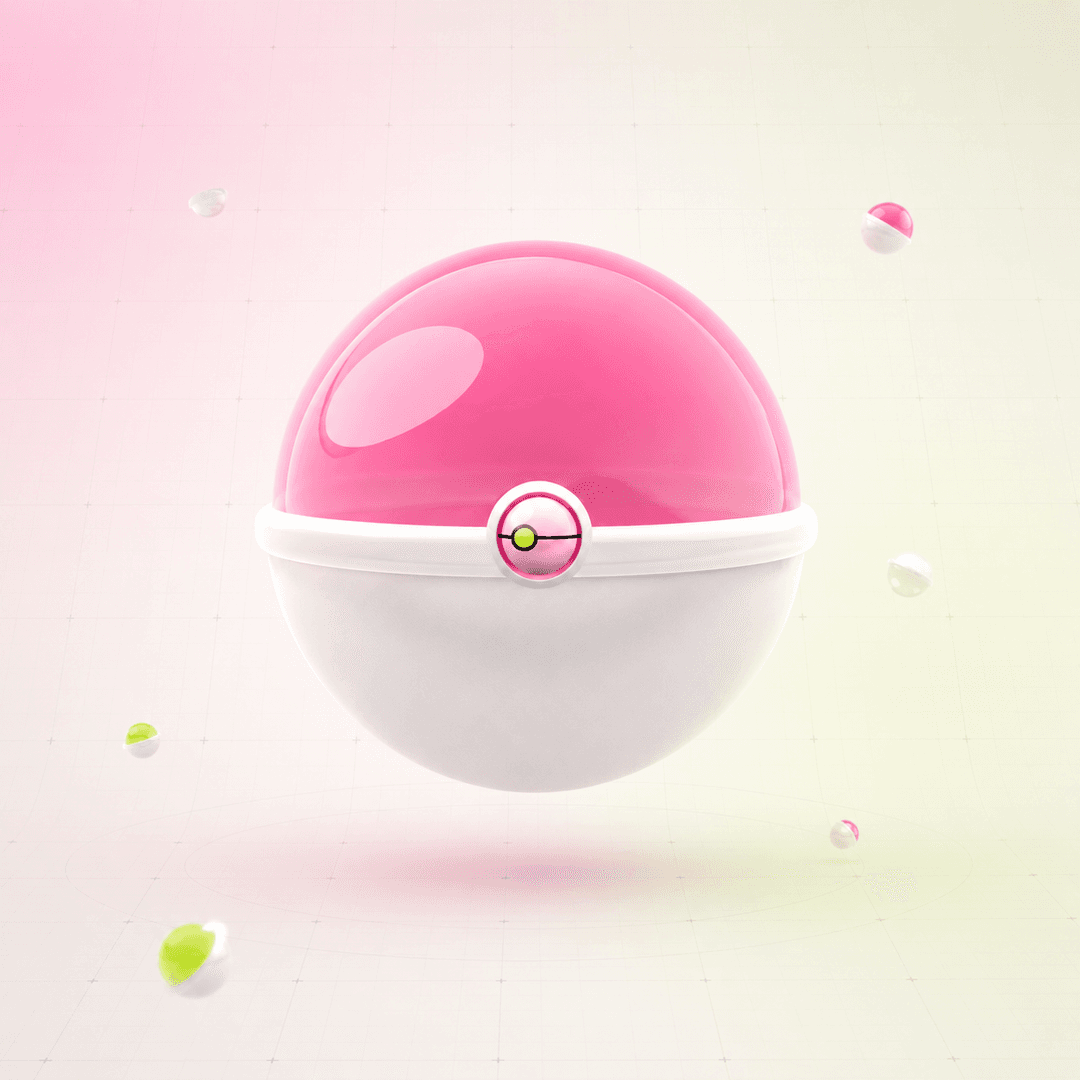 A Robacha capsule: a glossy pink and white sphere with a lit centre button, floating among smaller capsules